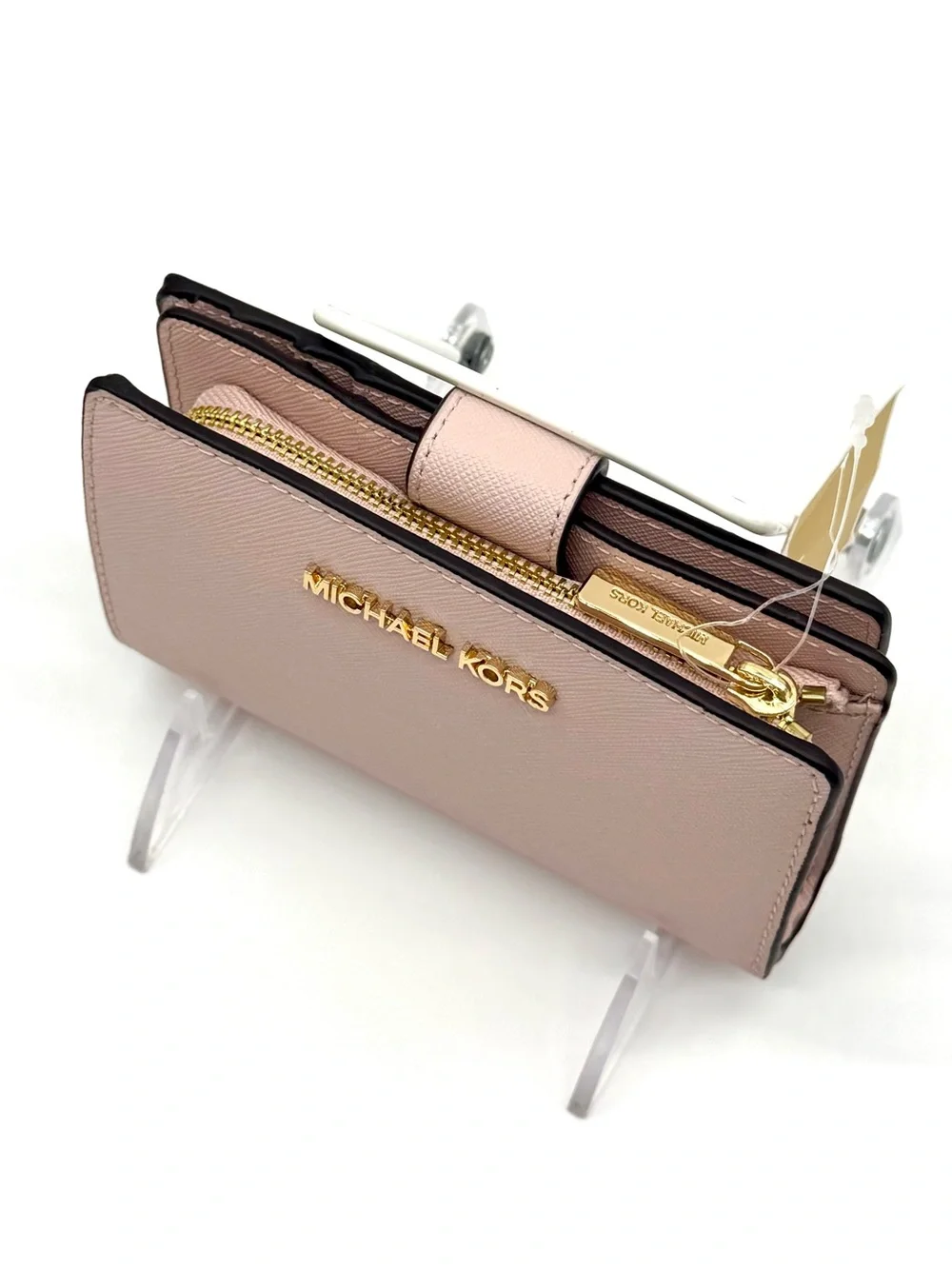 Michael Kors Bifold Zip Chain Wallet Optic White